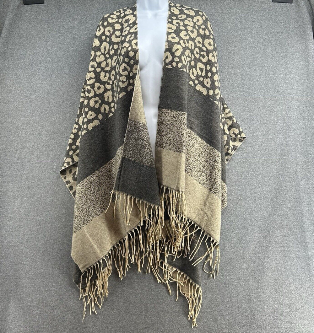 NWT Serra Womens OS Leopard Print Fringe Poncho Shawl Wrap Cape Soft Knit Brown